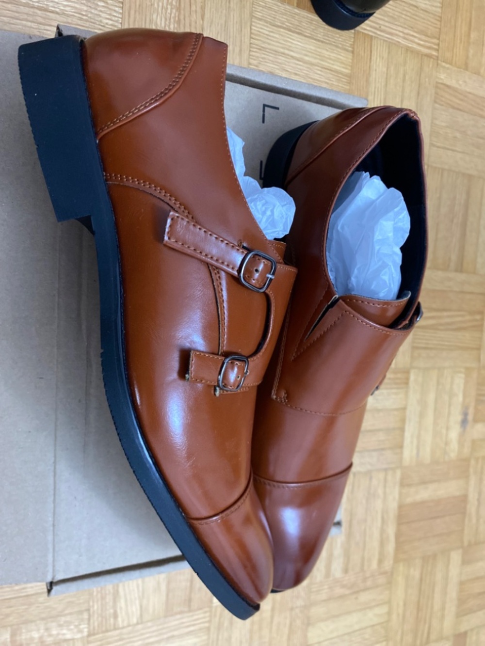 Men's Double Monk Strap Dress Shoes Tan Brown Cap Toe Classic Oxford Size 46 NEW